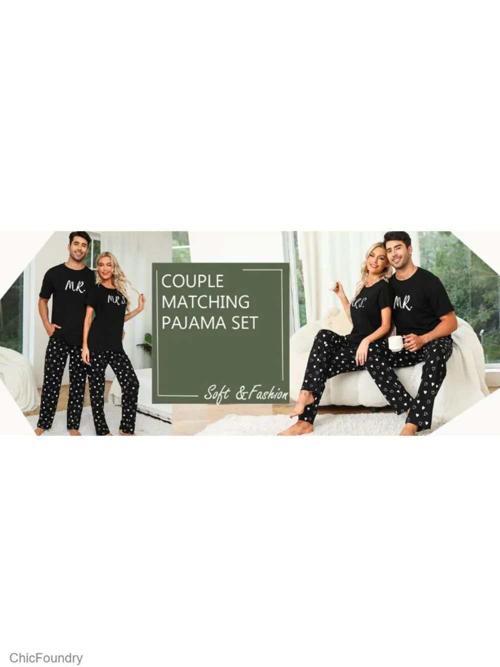 Cotton Couple Pajama Set Short Sleeve Top & Long Pants Sleepwear